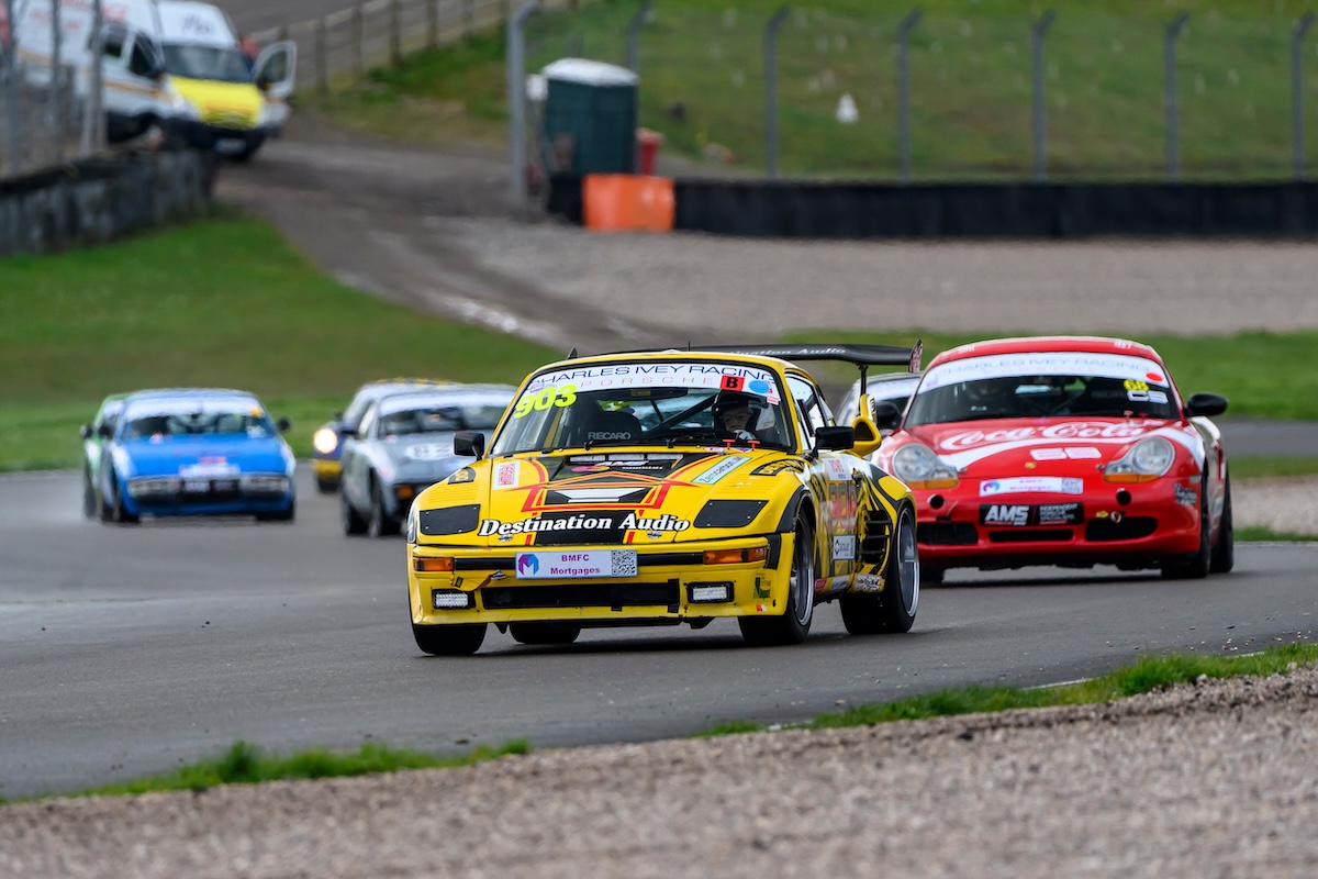 VANHAUEN RACING at Donington Park 2024 - Ahead of the Coca-Cola Boxster and a queue of cars behind. © Jonathan Elsey Motorsport Photography 2024