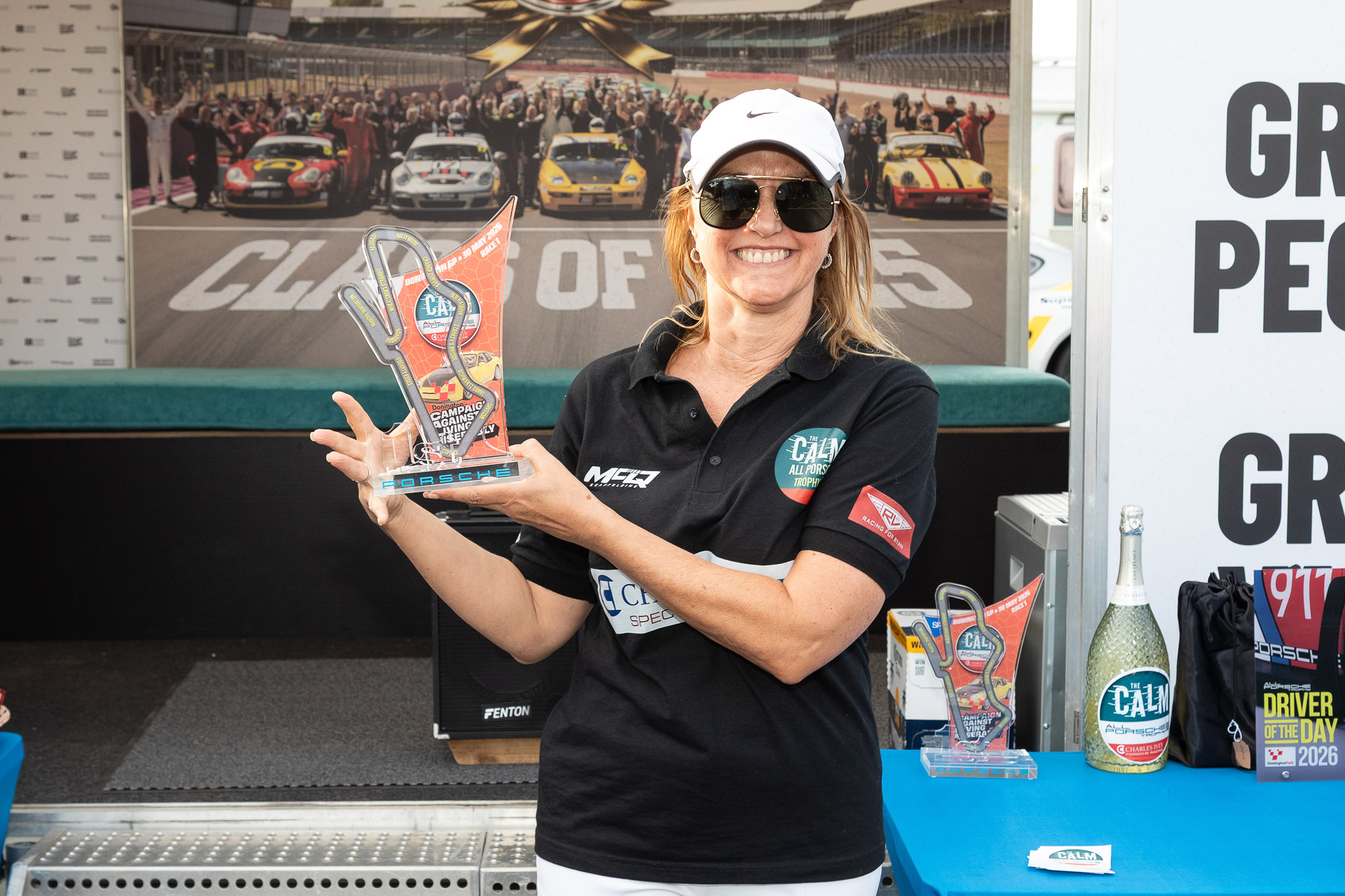 VANHAUEN RACING at Donington Park 2026 - Sabine lifting the Invitation Class trophy while Kenn was summoned to Race Control. © Sean Mulcahy 2026
